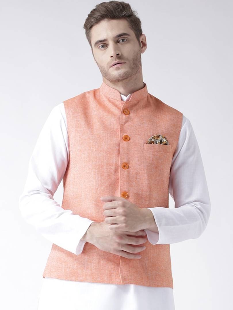Men's Orange 
Linen
 Solid
 Nehru Jackets